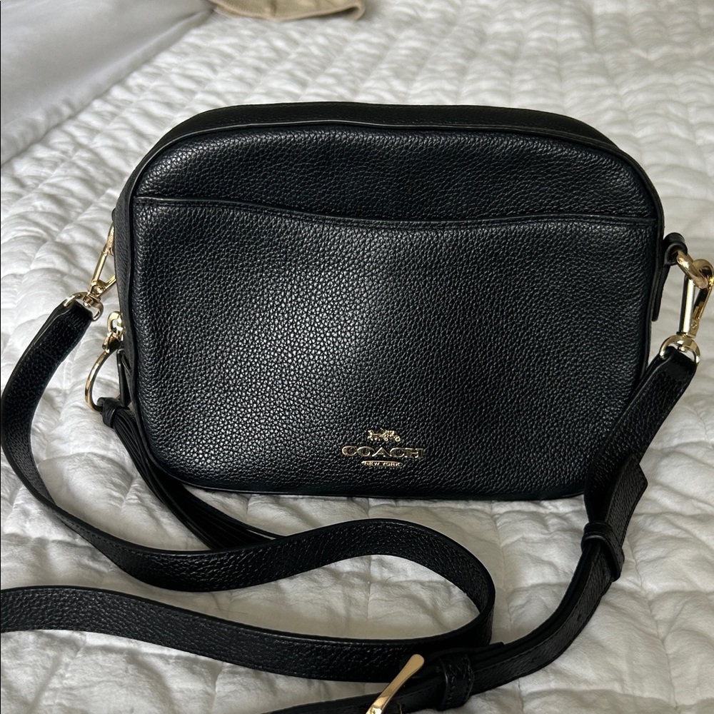 Coach Pebbled Black Leather Crossbody Camera Bag.